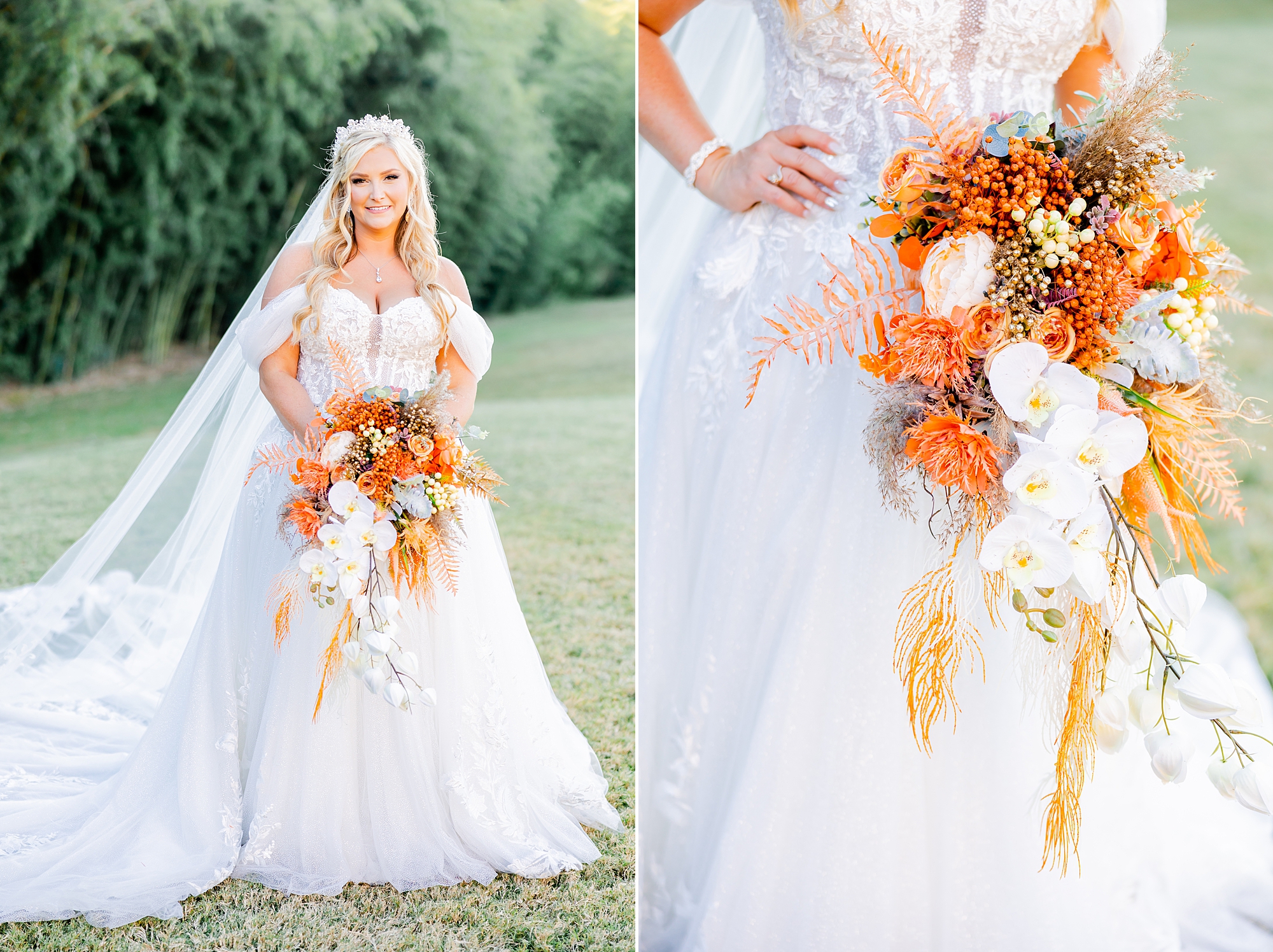 bride stands in off-the-shoulder gown with orange and white fall bouquet 