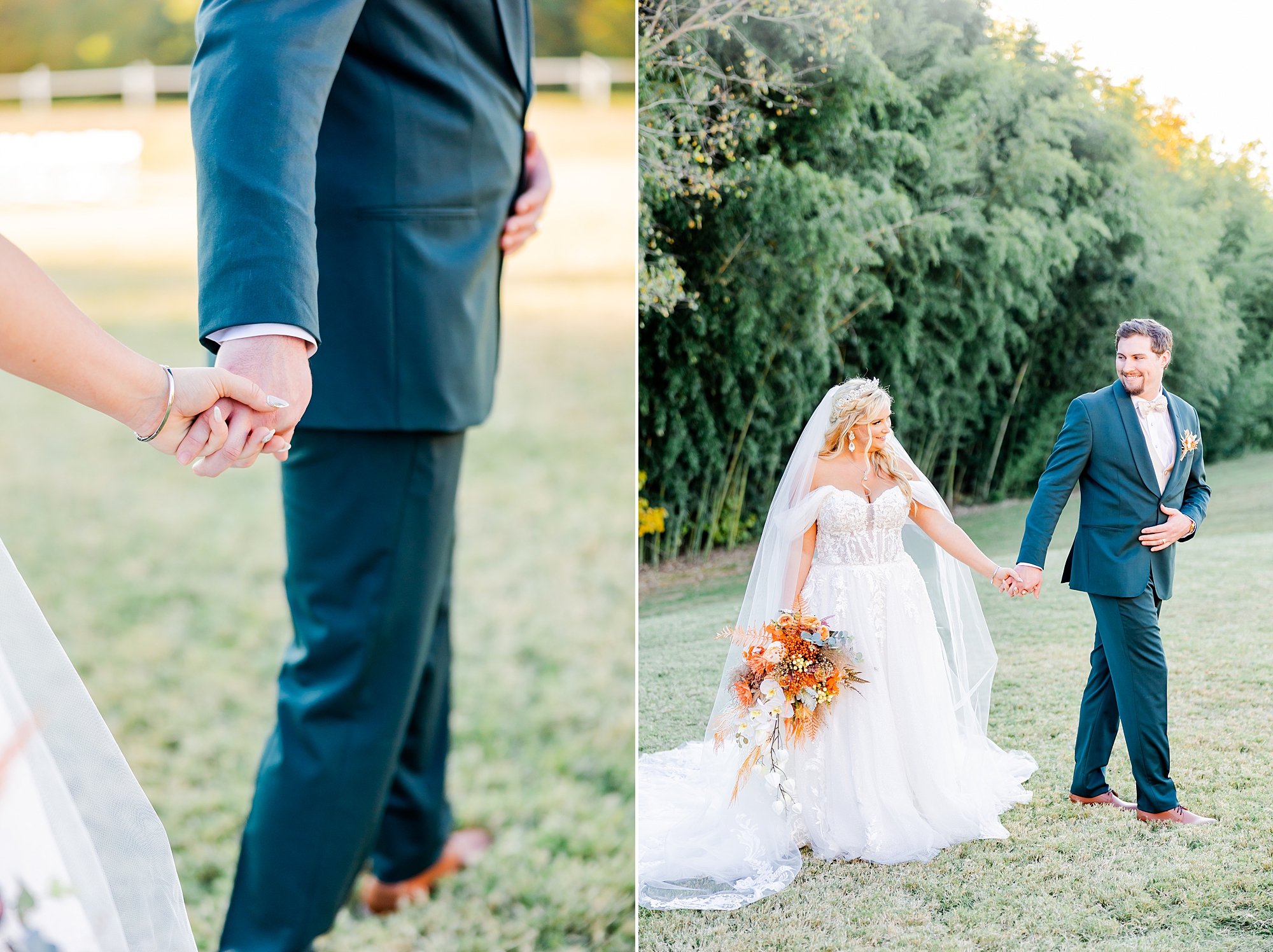 newlyweds hold hands walking on lawn in Belmont NC