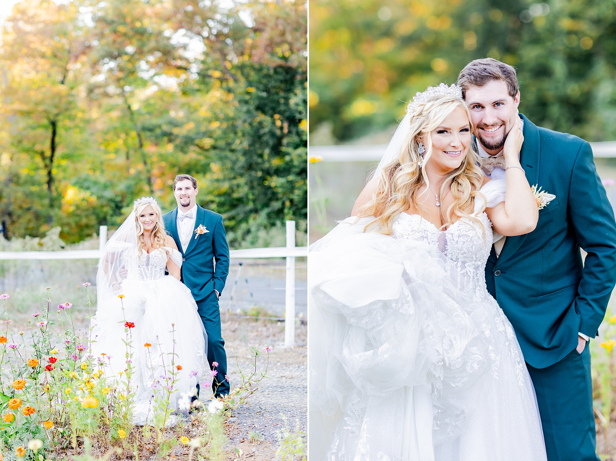 newlyweds pose in gardens of Camelot Meadows