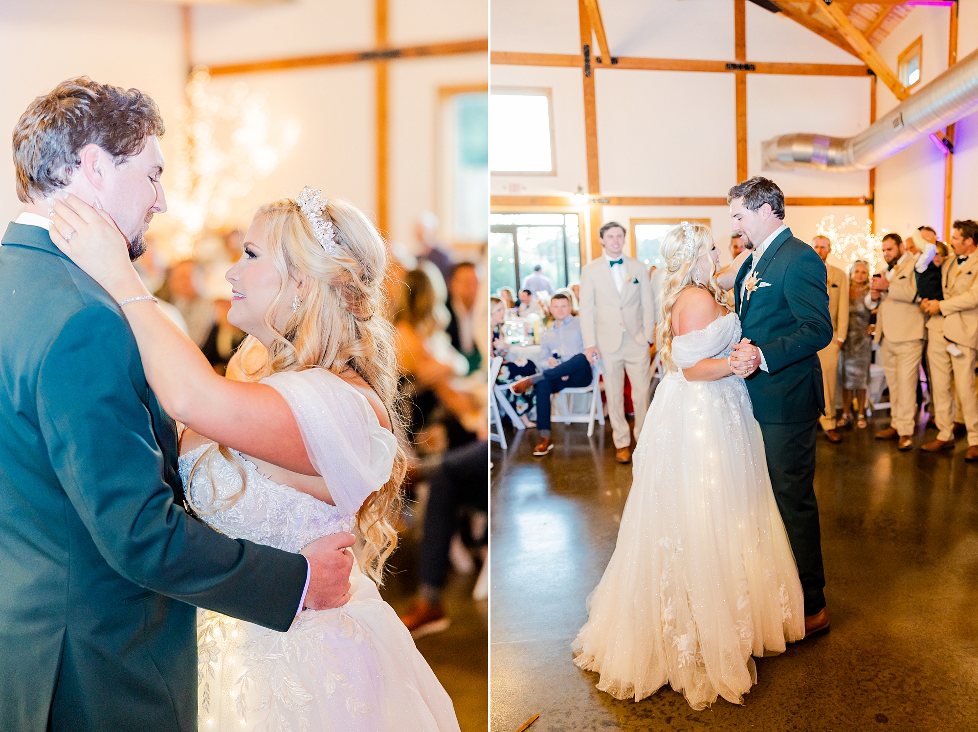 bride and groom have first dance during Belmont NC wedding reception in barn