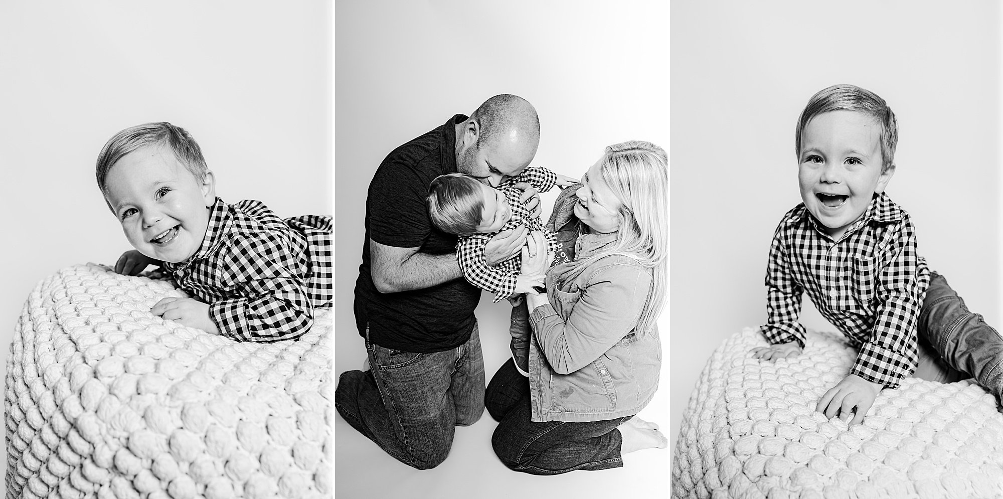 black and white Charlotte Personality Portraits of son with parents