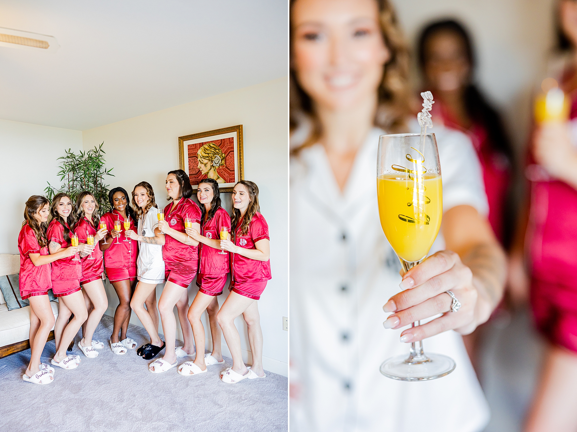 bride and bridesmaids pose with mimosa glasses during portraits at Island House 