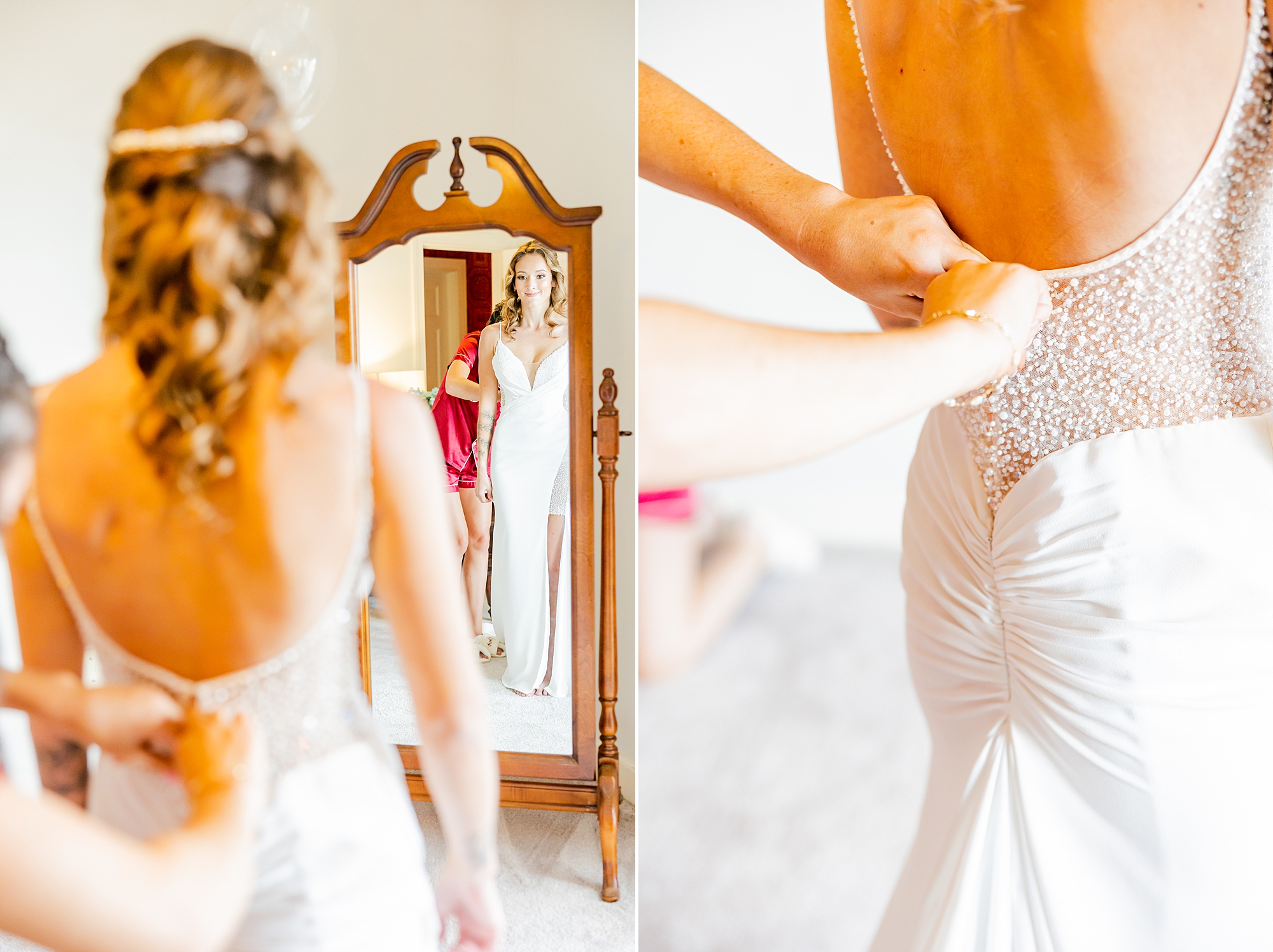 bride prepares for Charleston wedding looking in mirror