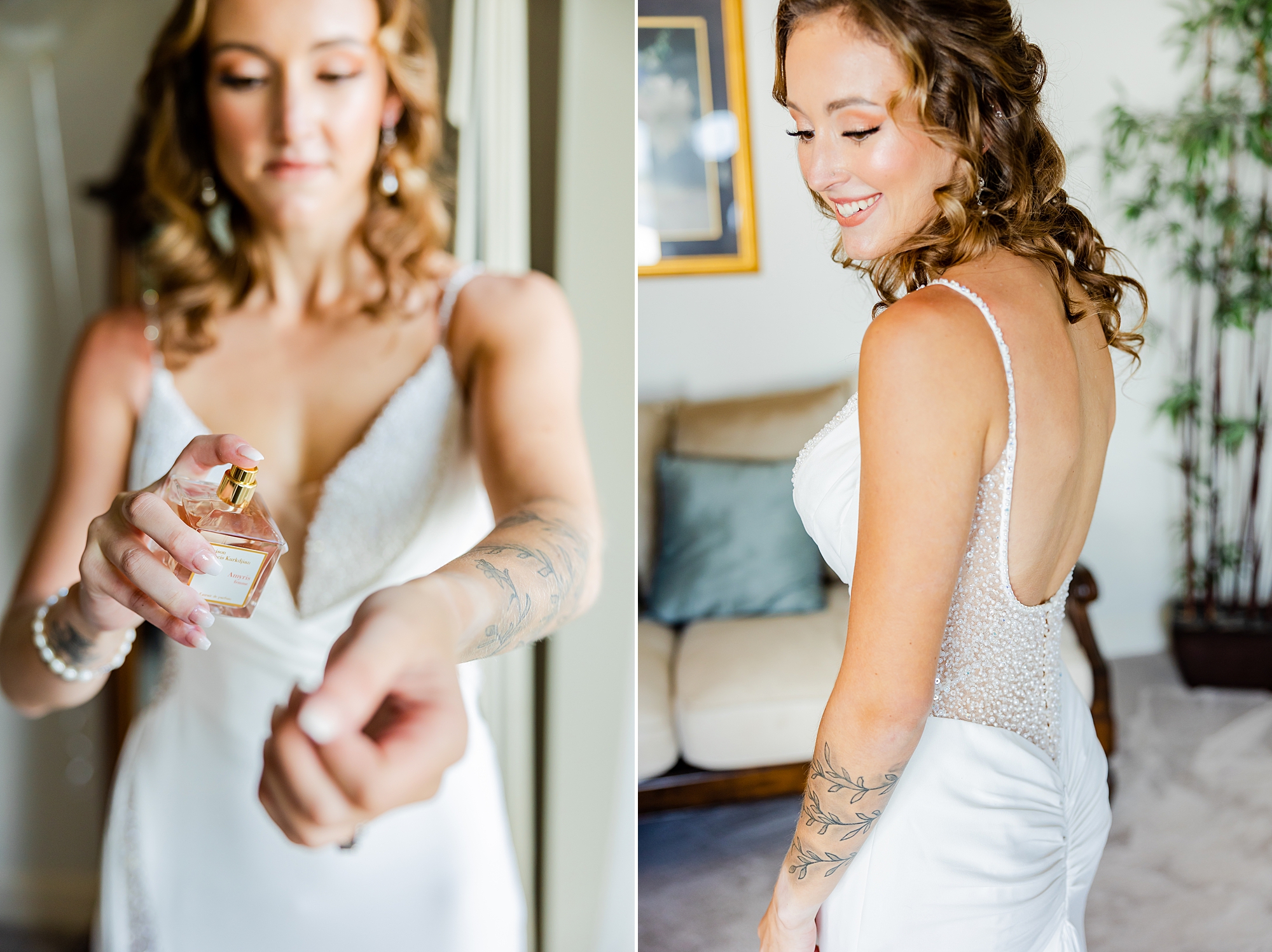 bride sprays on perfume in wedding dress