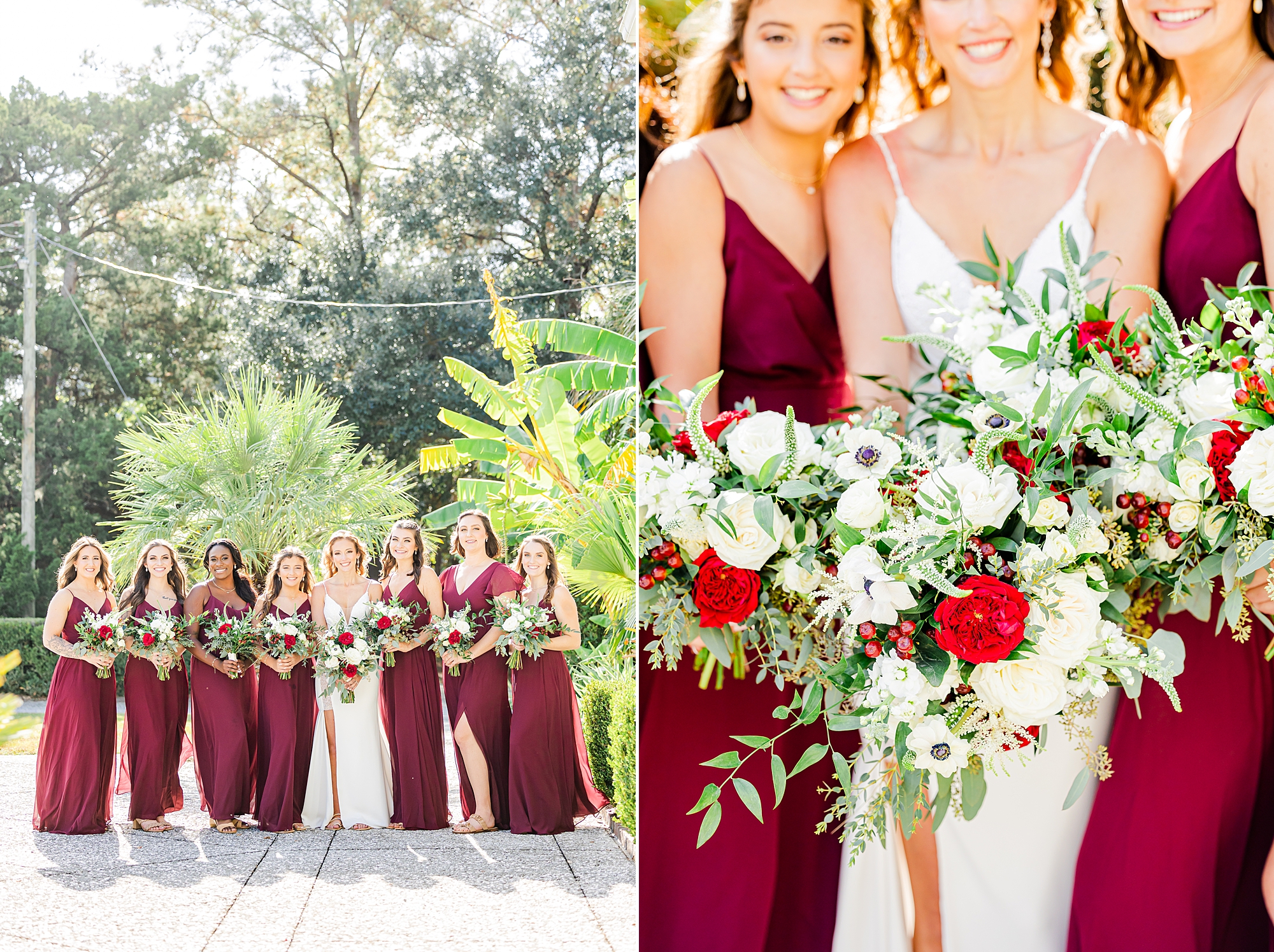 bride hugs bridesmaids in burgundy gowns with red flowers 