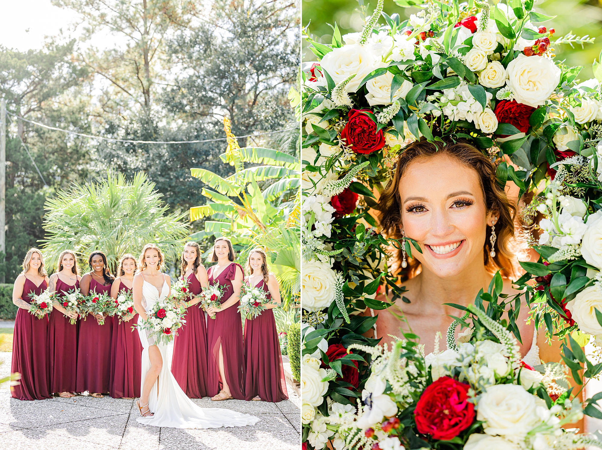 bridesmaids make frame of bouquets during Charleston wedding