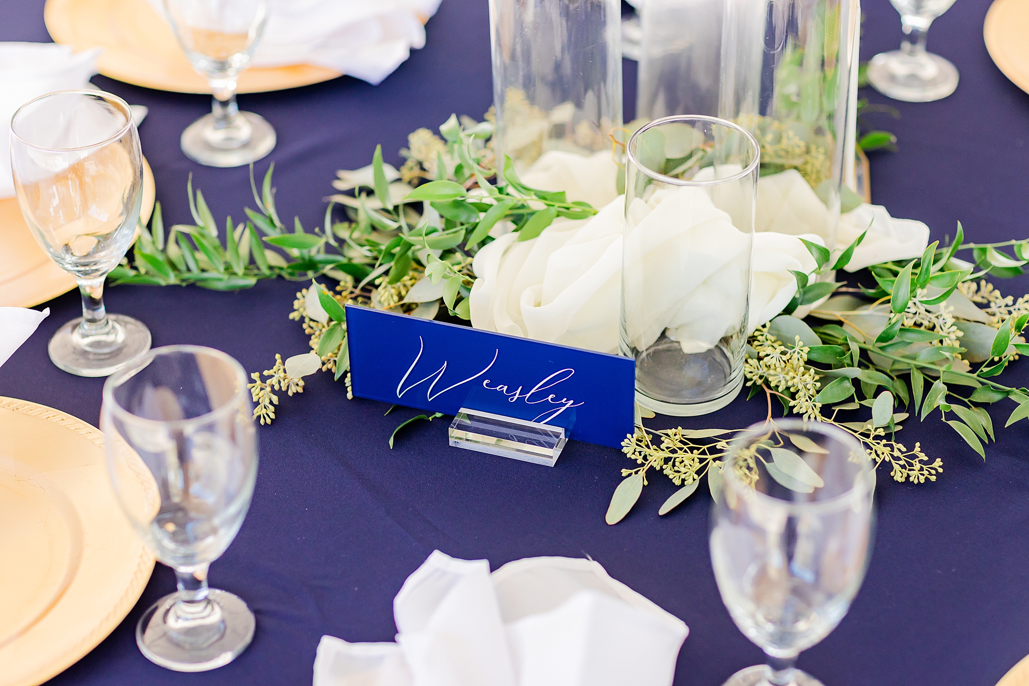 Charleston wedding reception with navy and gold details 