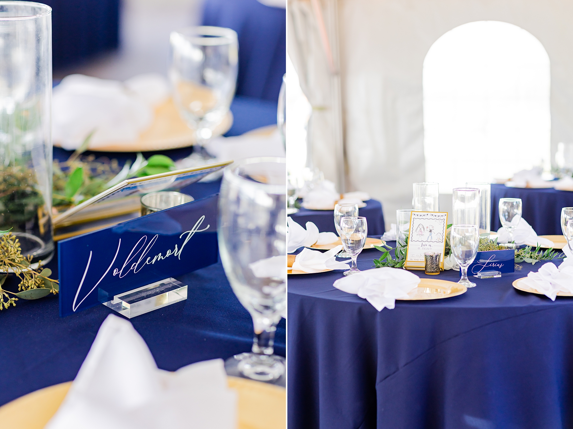 wedding reception with navy, gold, and green details in Charleston SC