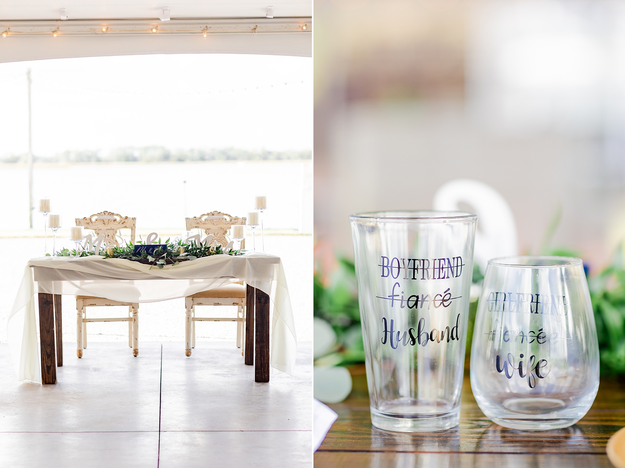 sweetheart table with custom glasses for bride and groom 