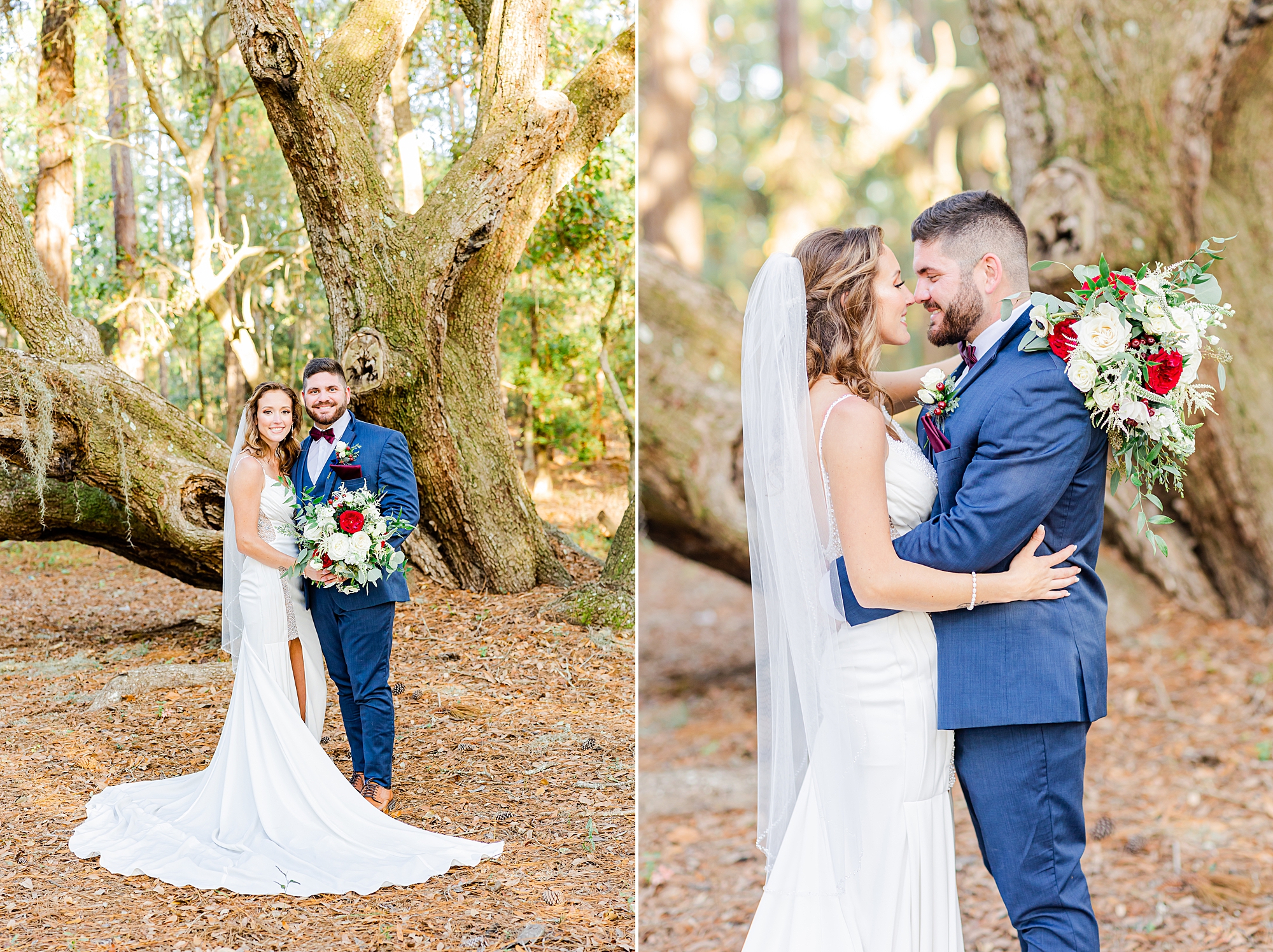 newlyweds pose under Spanish moss during Charleston wedding portraits 