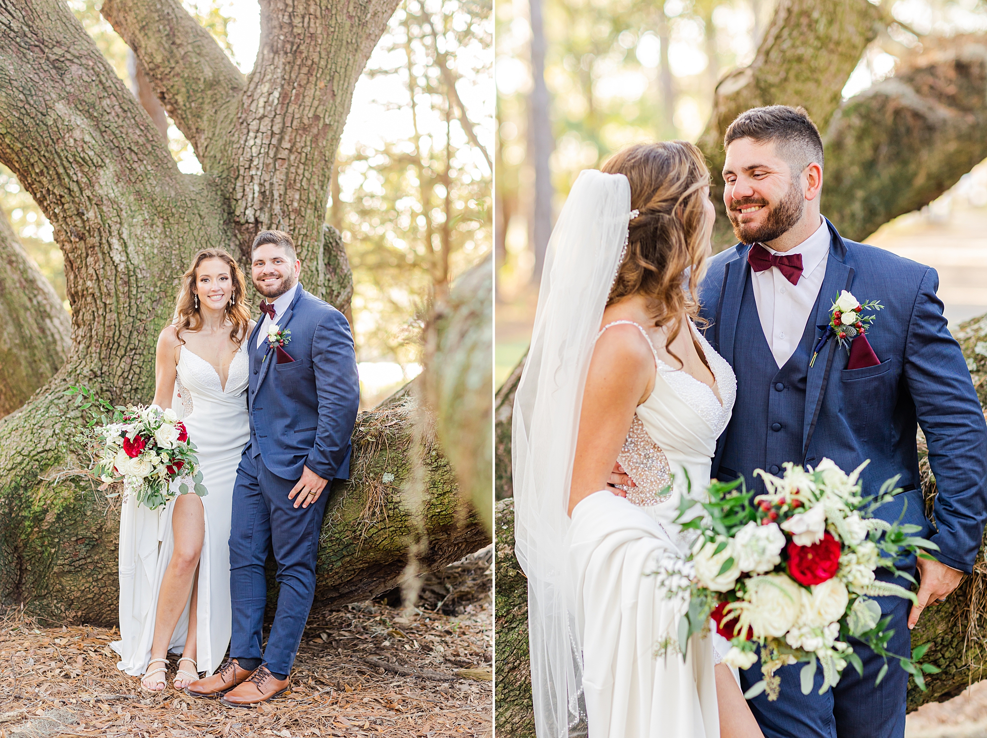 newlyweds smile together at base of tree in Charleston SC