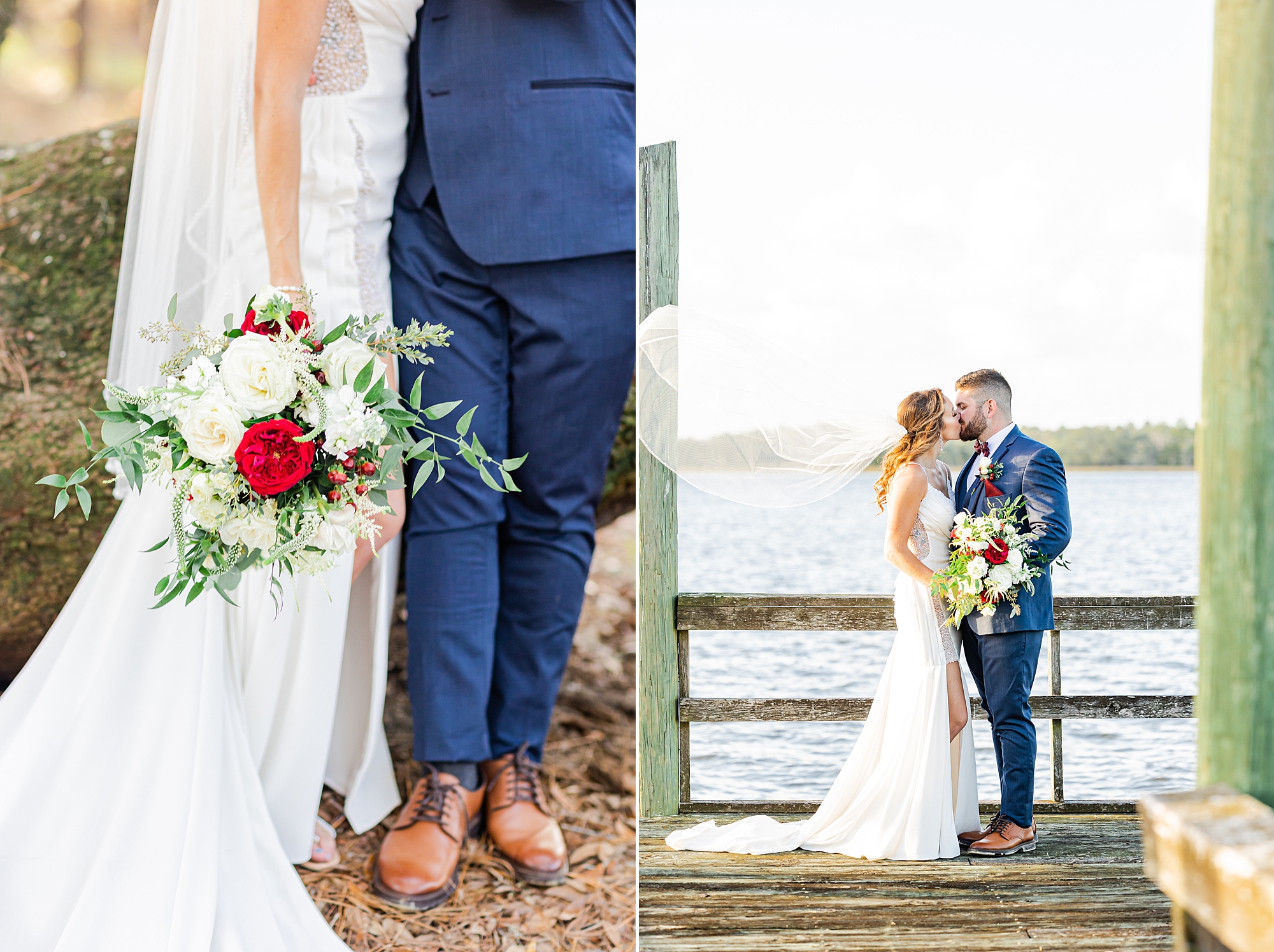 newlyweds pose on pier during John's Island wedding day