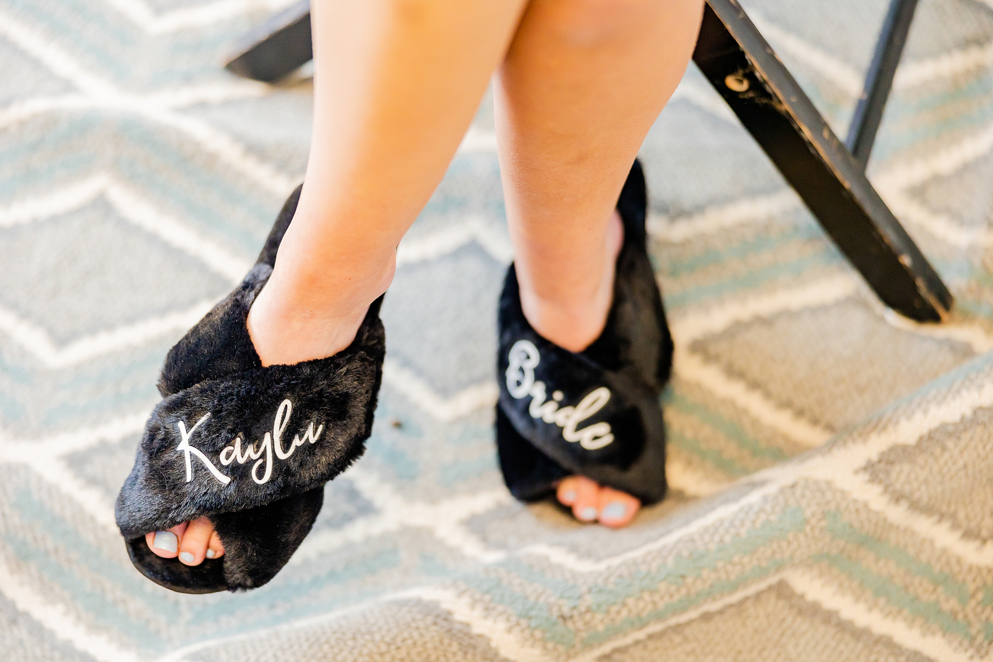 bride's custom fuzzy slippers for Charleston wedding 