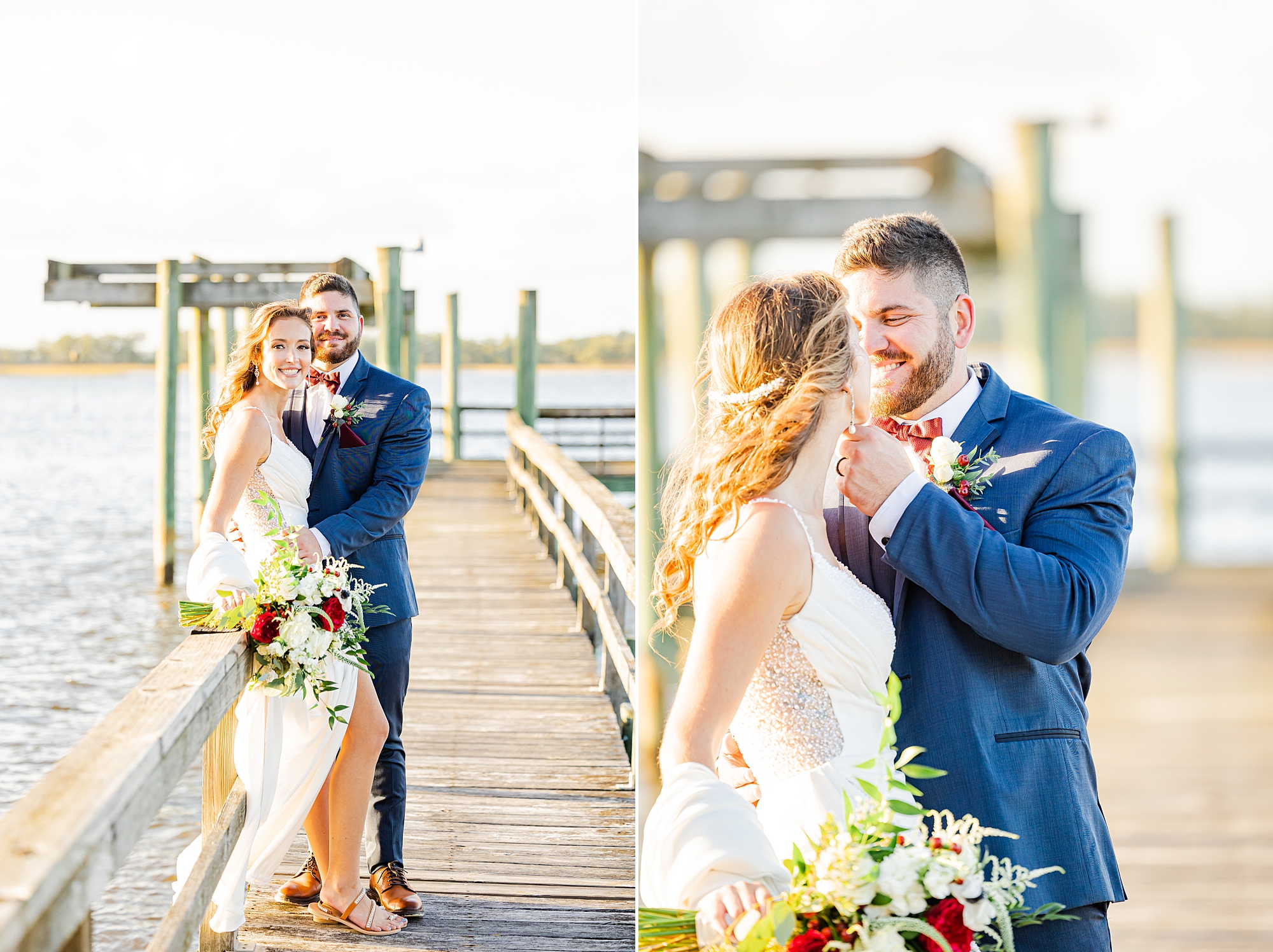 groom hugs bride and holds her chin on wooden pier during John's Island wedding day