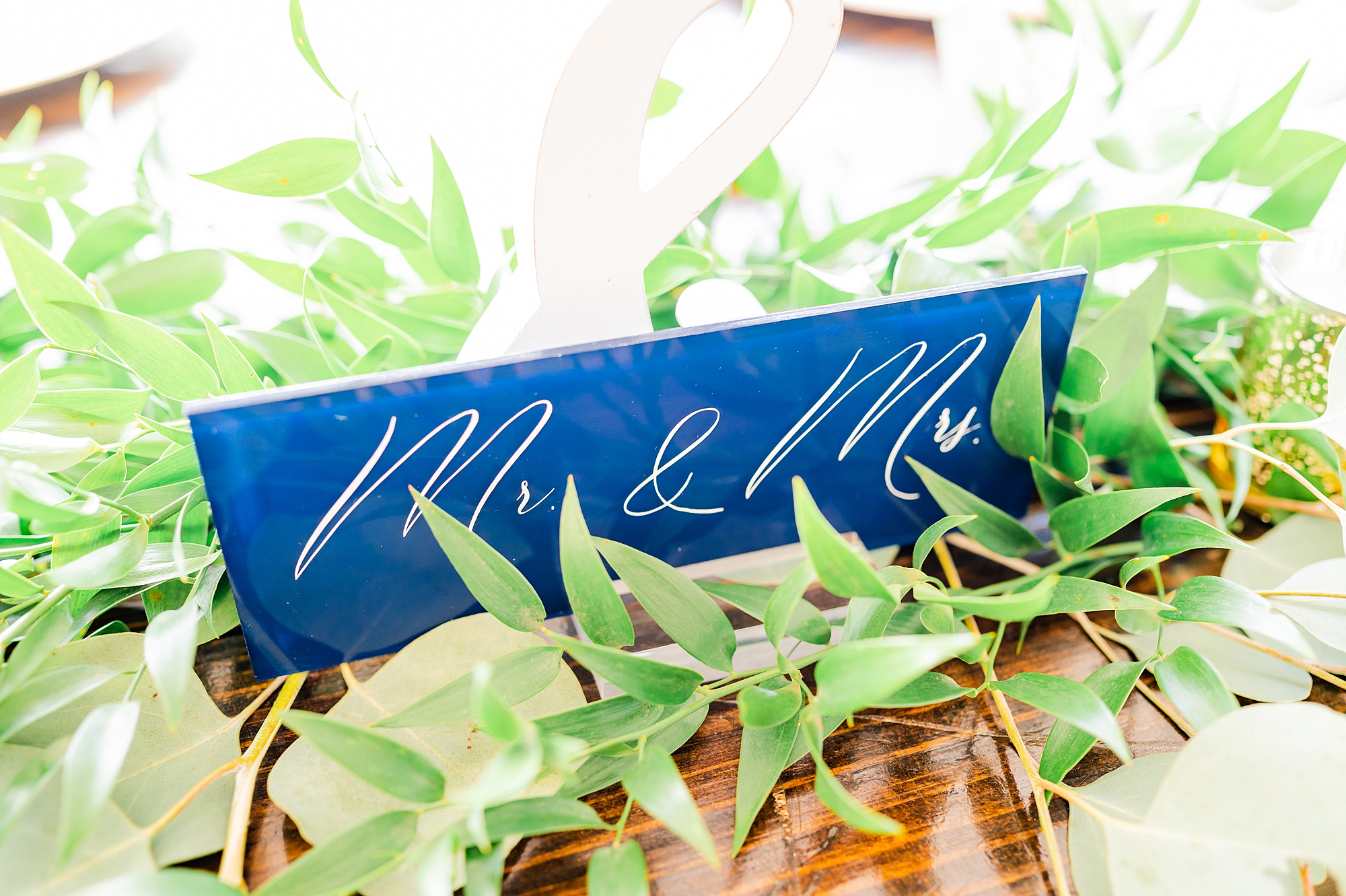 mr & Mrs sign on blue background in greenery