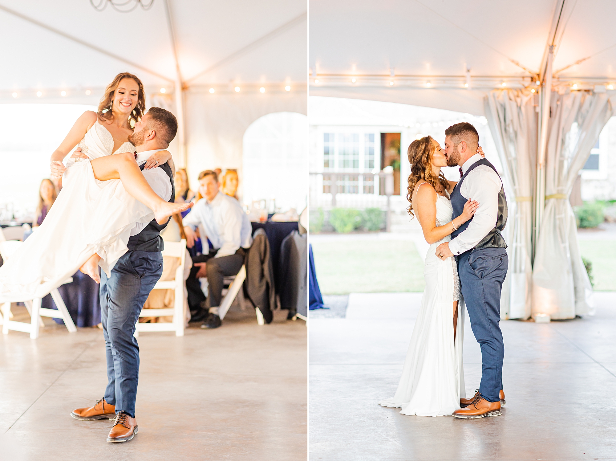 groom lifts bride up during first dance during John's Island wedding reception