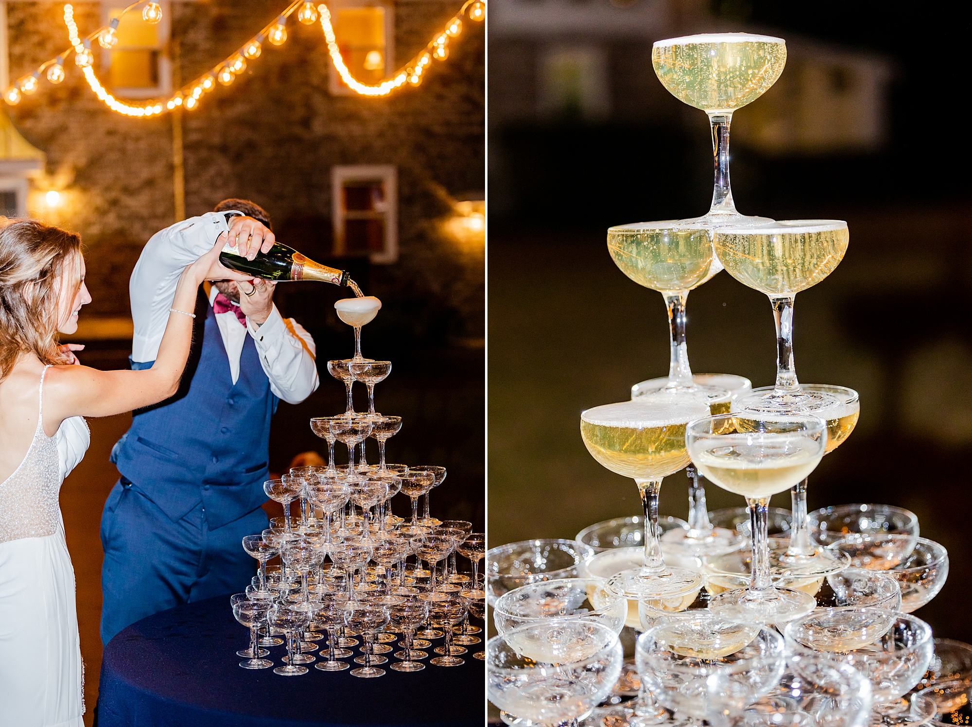 bride and groom pour champagne down tower of glasses 