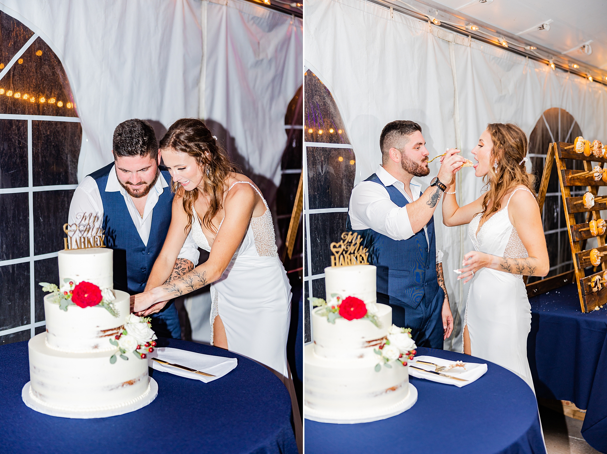 newlyweds cut wedding cake at John's Island reception 