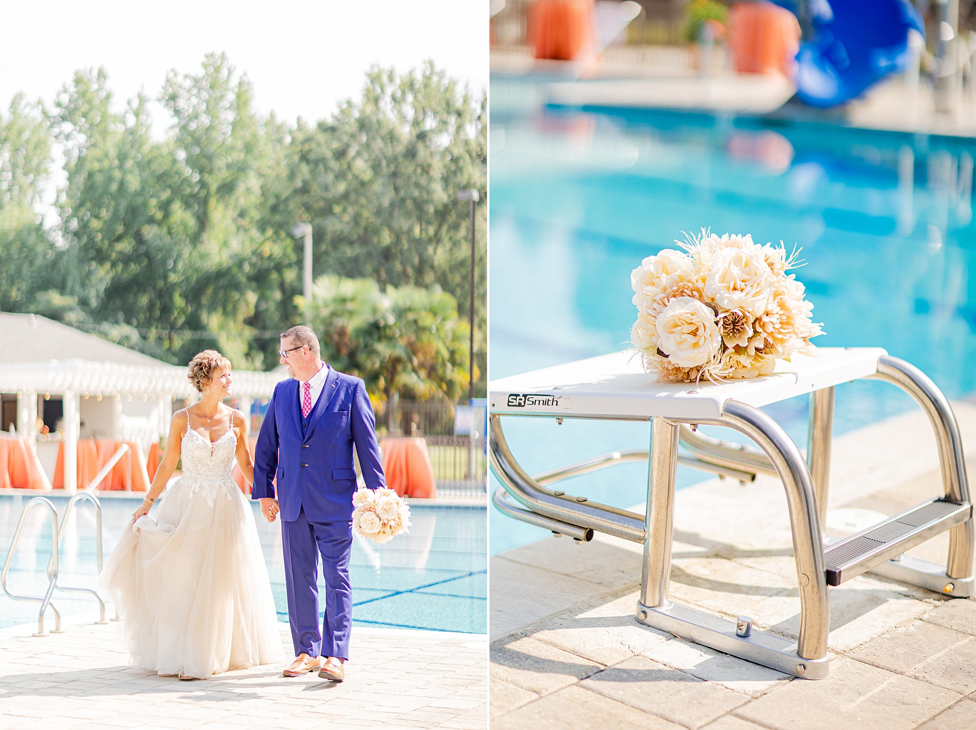newlyweds walk beside pool at Starclaire Recreation Club with bride's bouquet on diving board