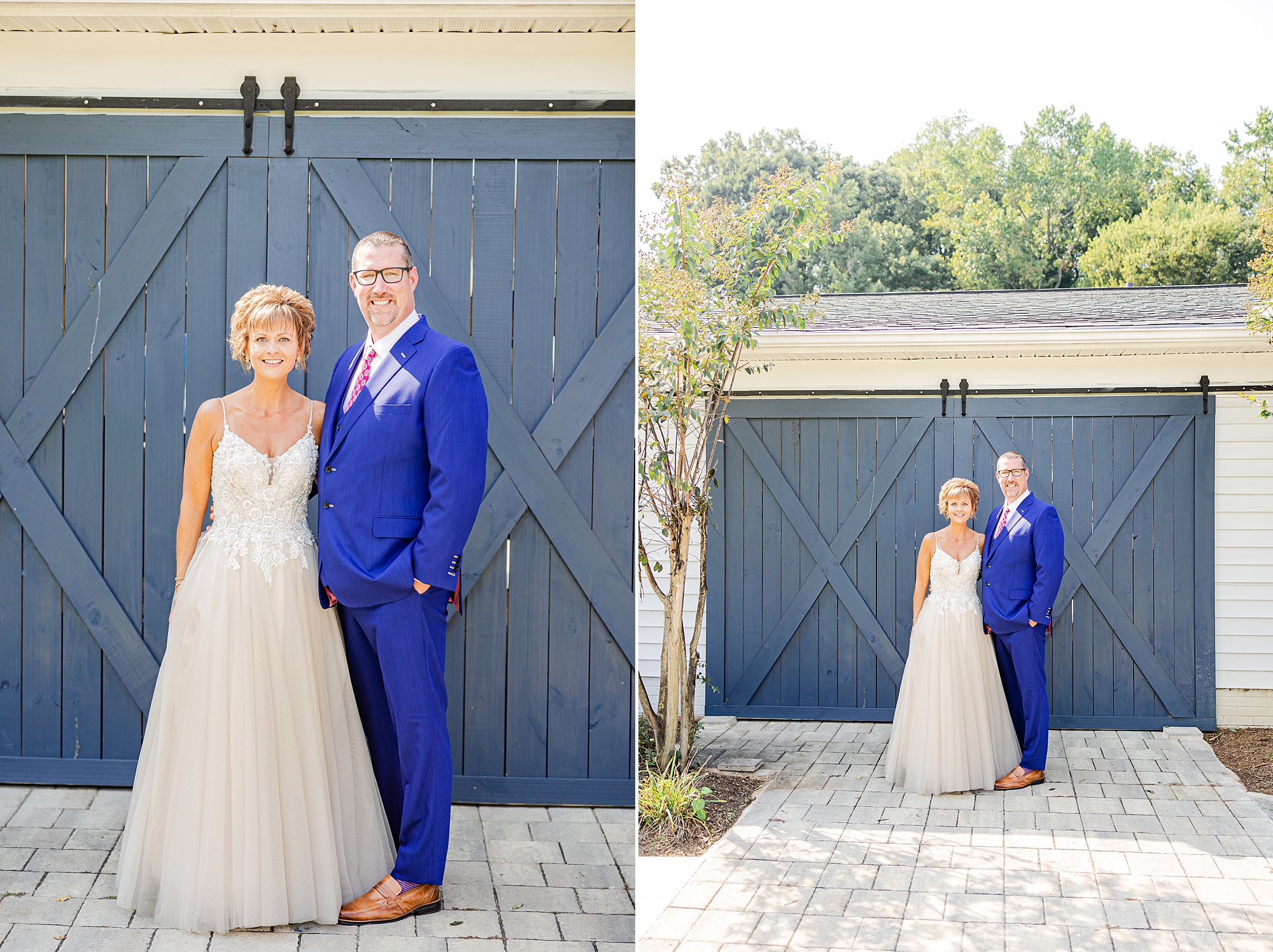 newlyweds pose by blue doors in North Carolina 