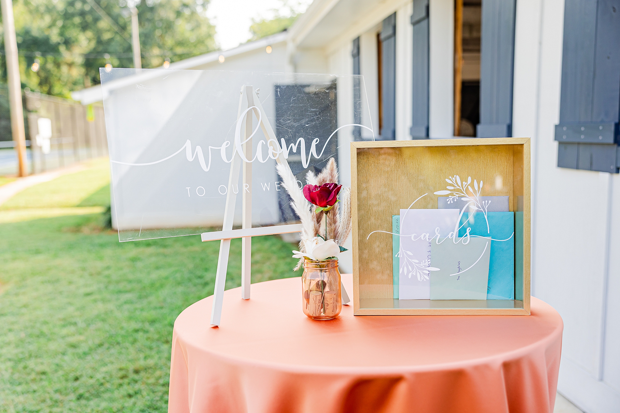 welcome sign and card box for reception at Starclaire Recreation Club