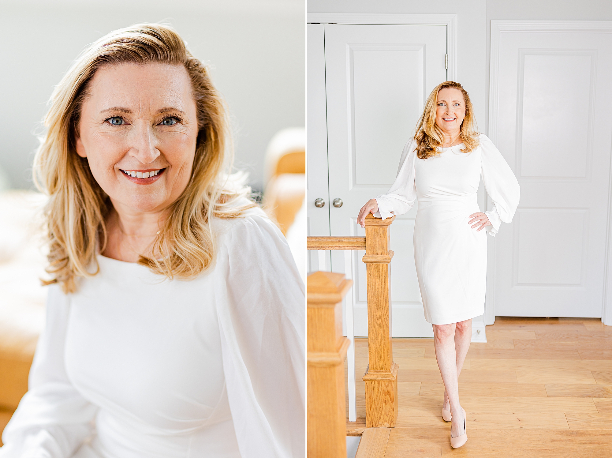 real estate agent leans against staircase in white dress
