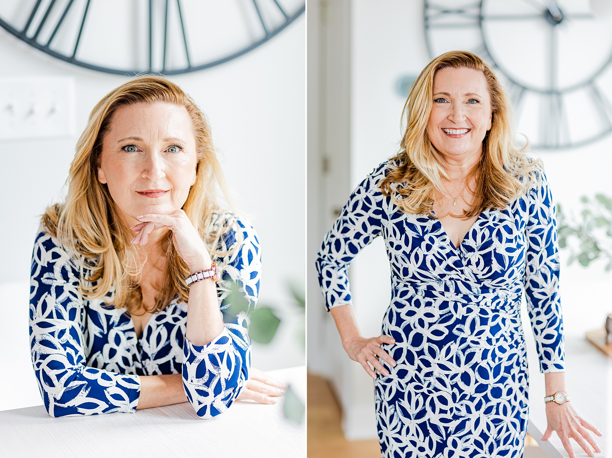 real estate agent leans on table in blue dress