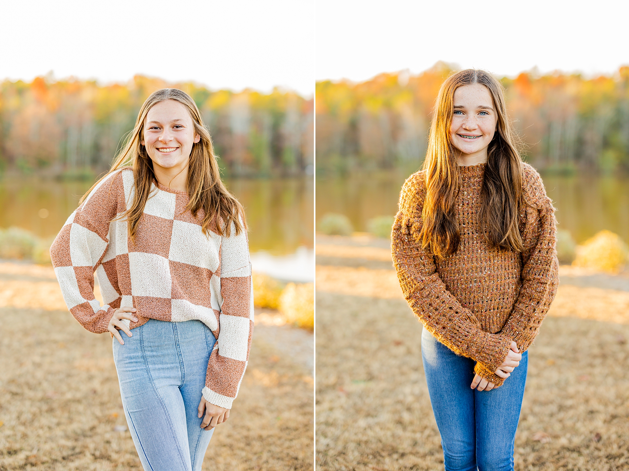 teen girls pose by lake in brown sweaters at Francis Beatty Park
