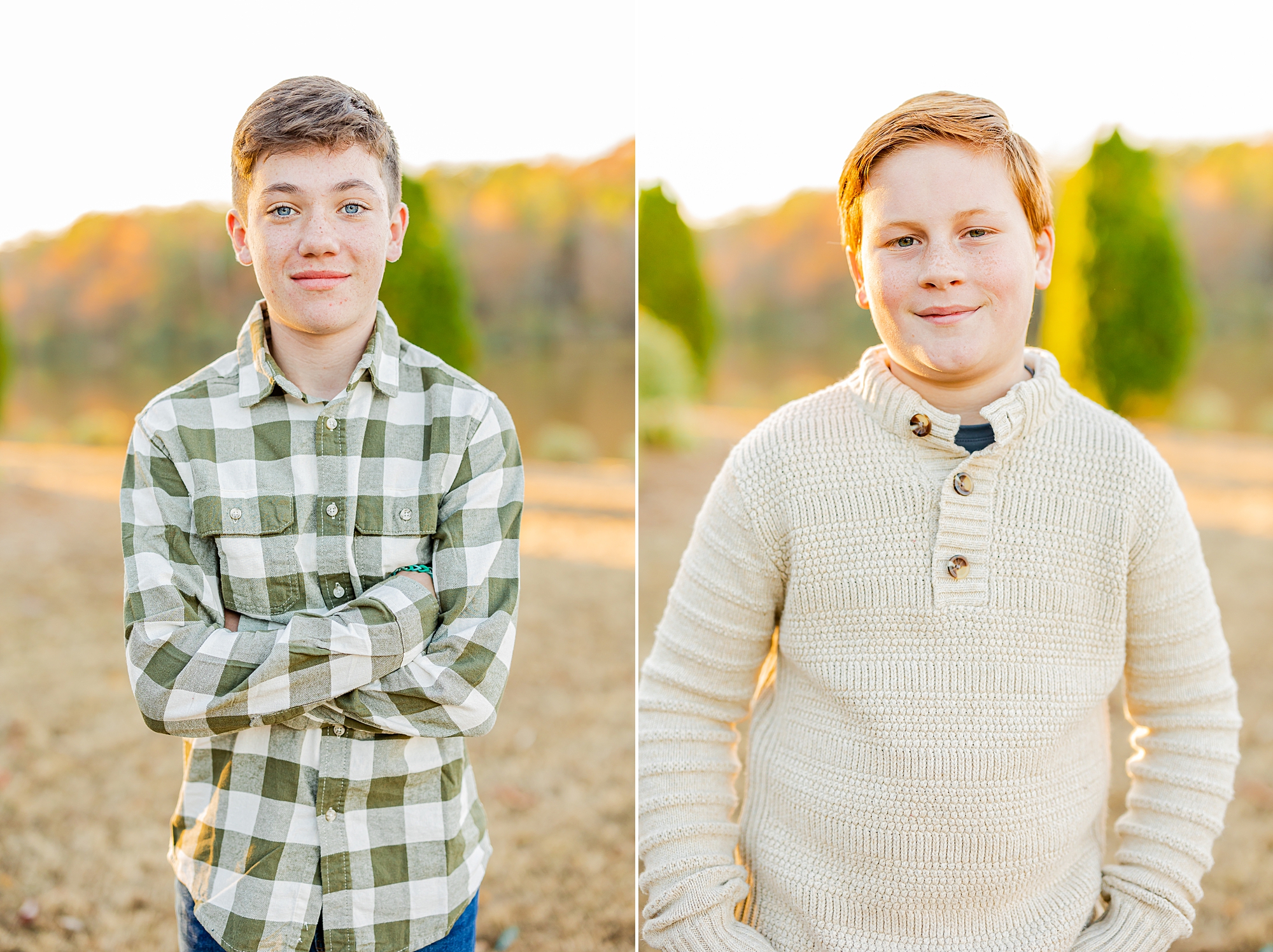 brothers pose in plaid shirt and cream sweater by lake 