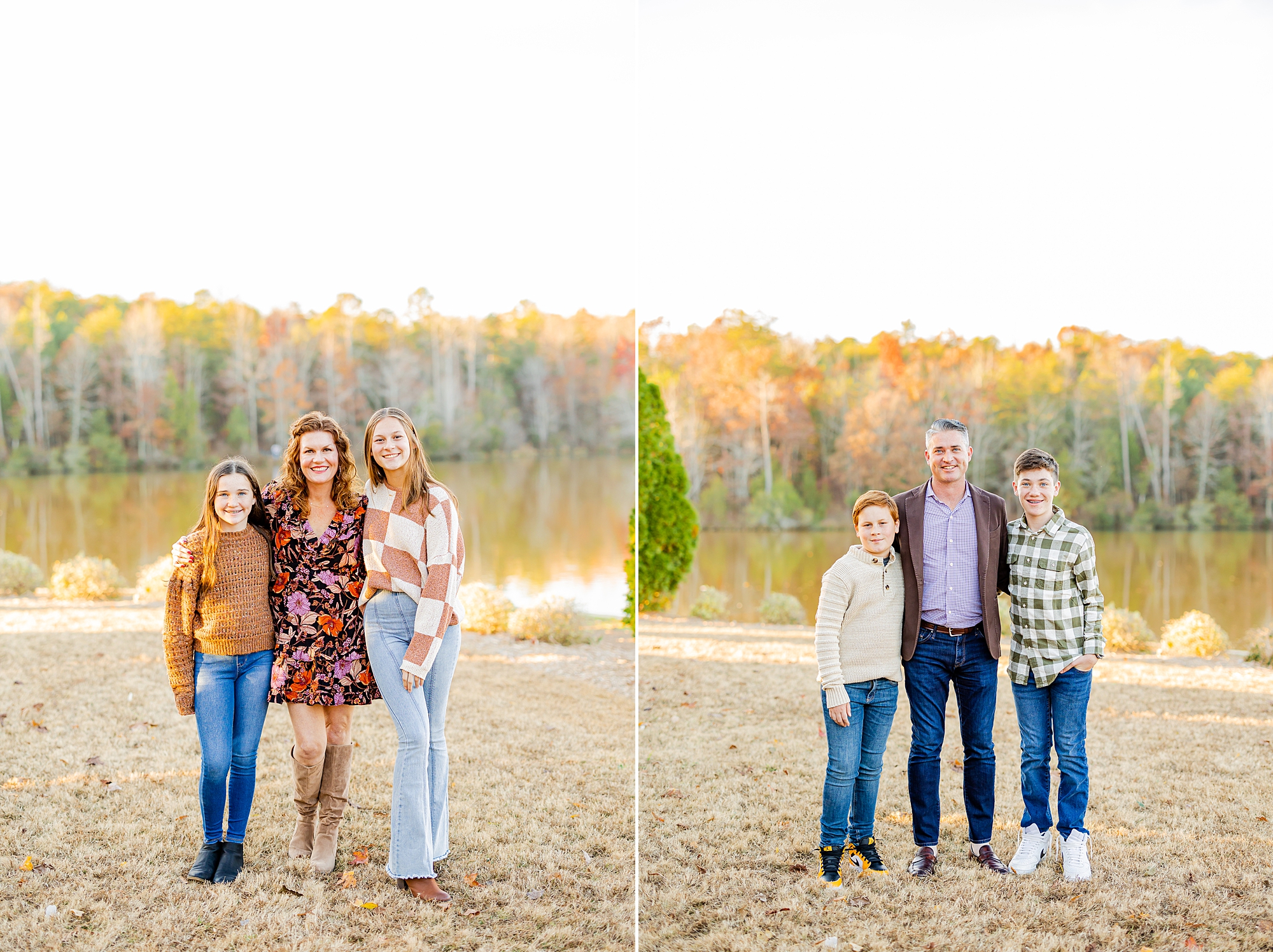 parents pose with sons and daughters during fall family photos