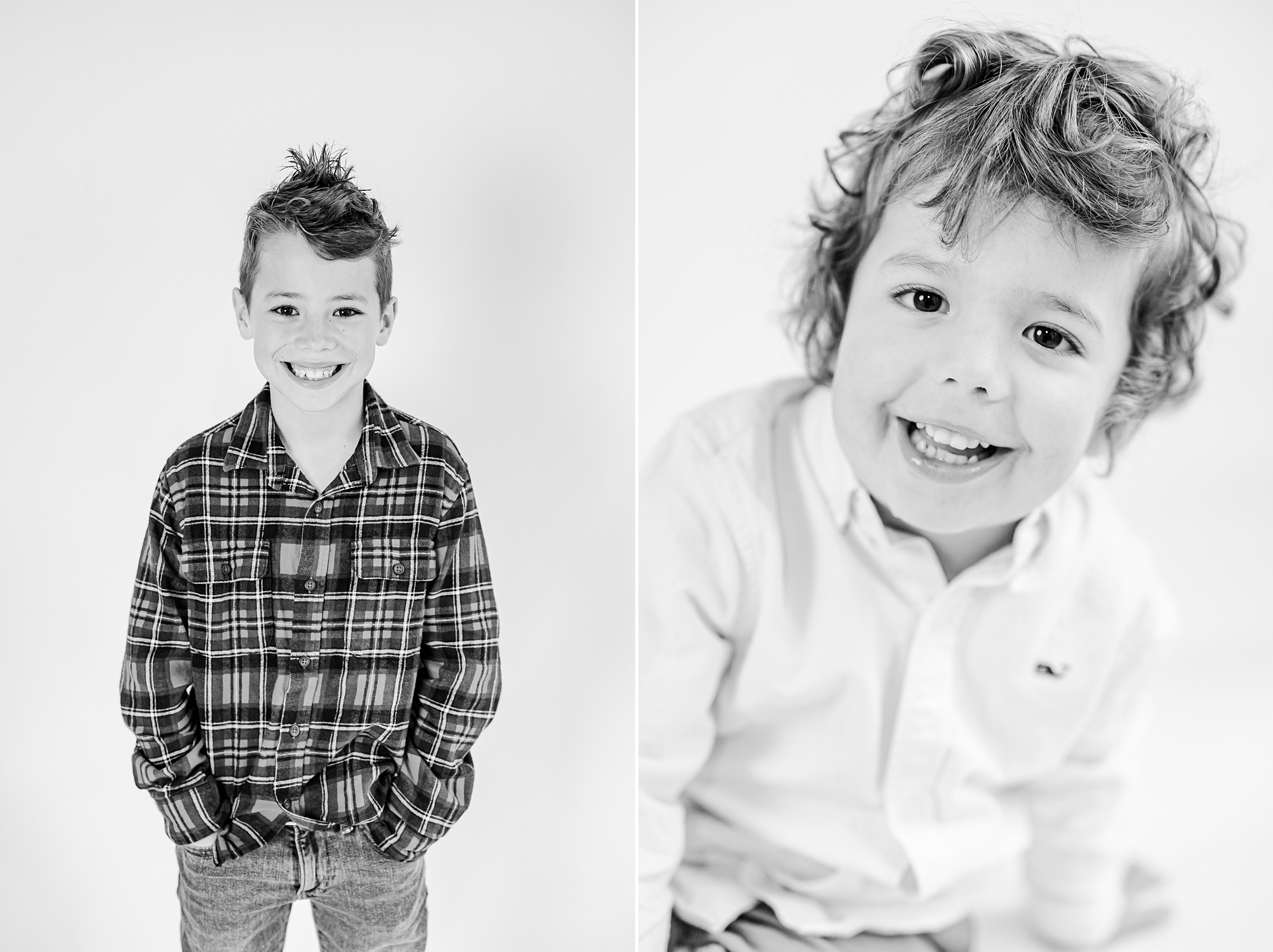 boys play on white backdrop during personality portraits in Charlotte Studio