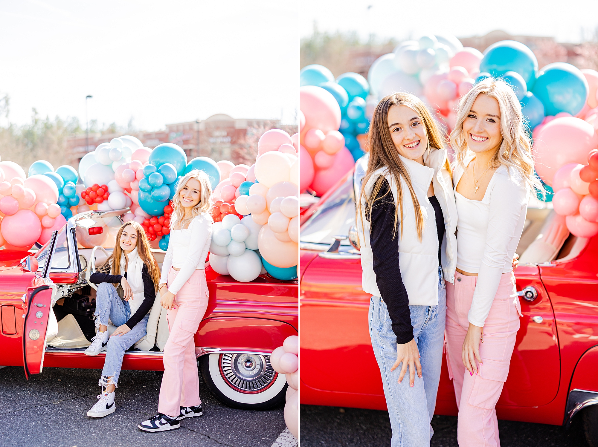 teen girls pose beside red Thunderbird during Valentine’s Day photos