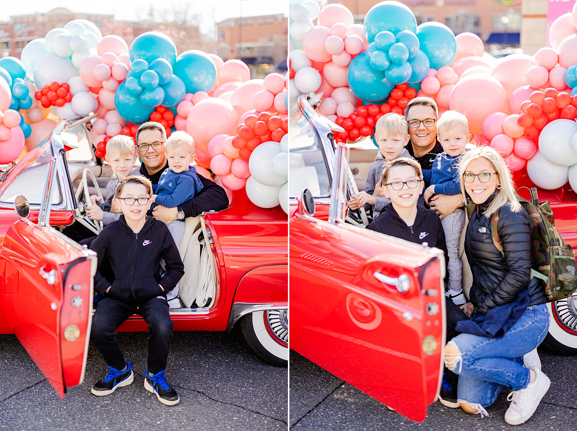 family poses in front seat of red Thunderbird during Valentine’s Day photos