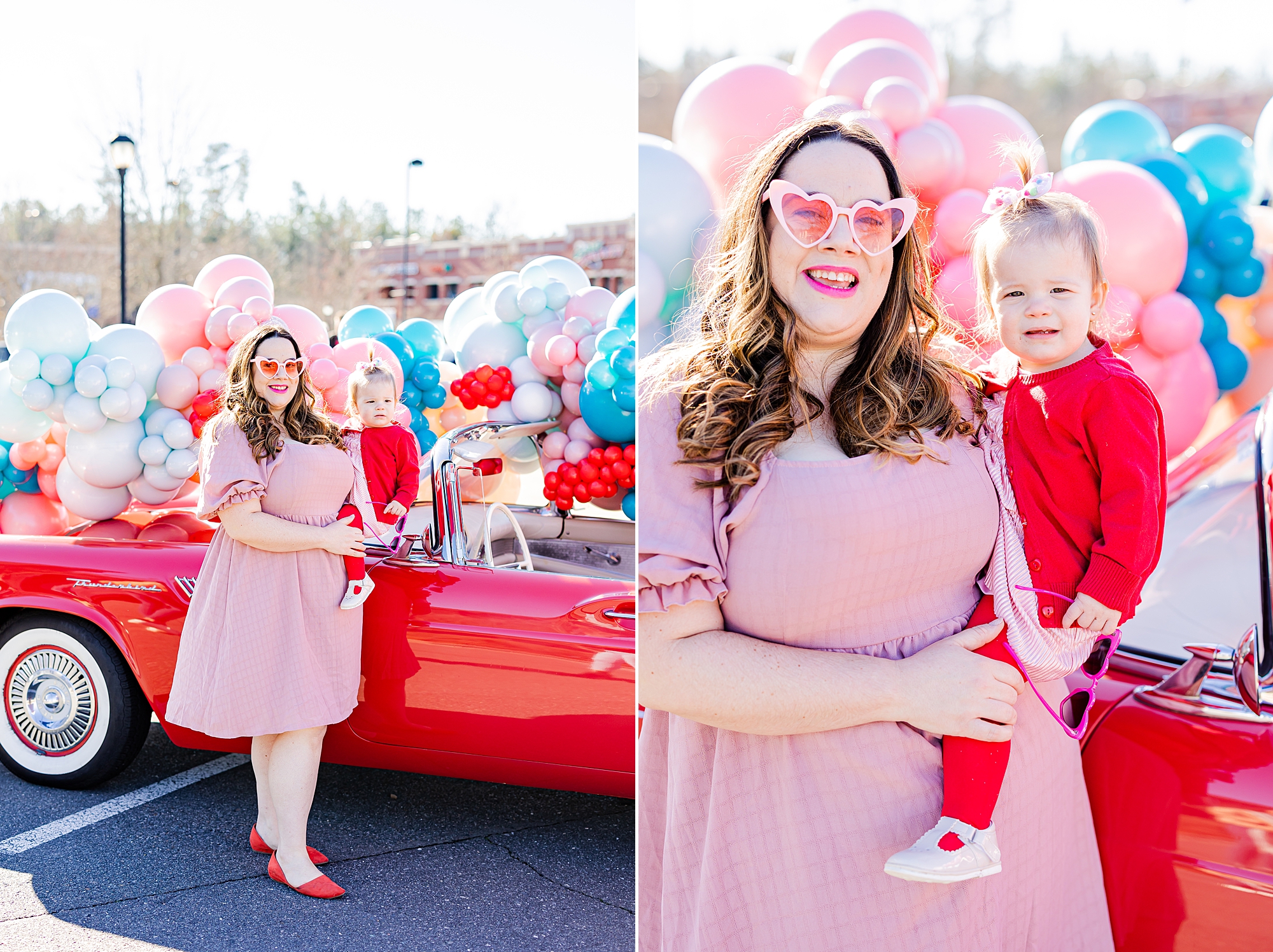 woman in pink dress smiles at daughter in red dress by Red Thunderbird 