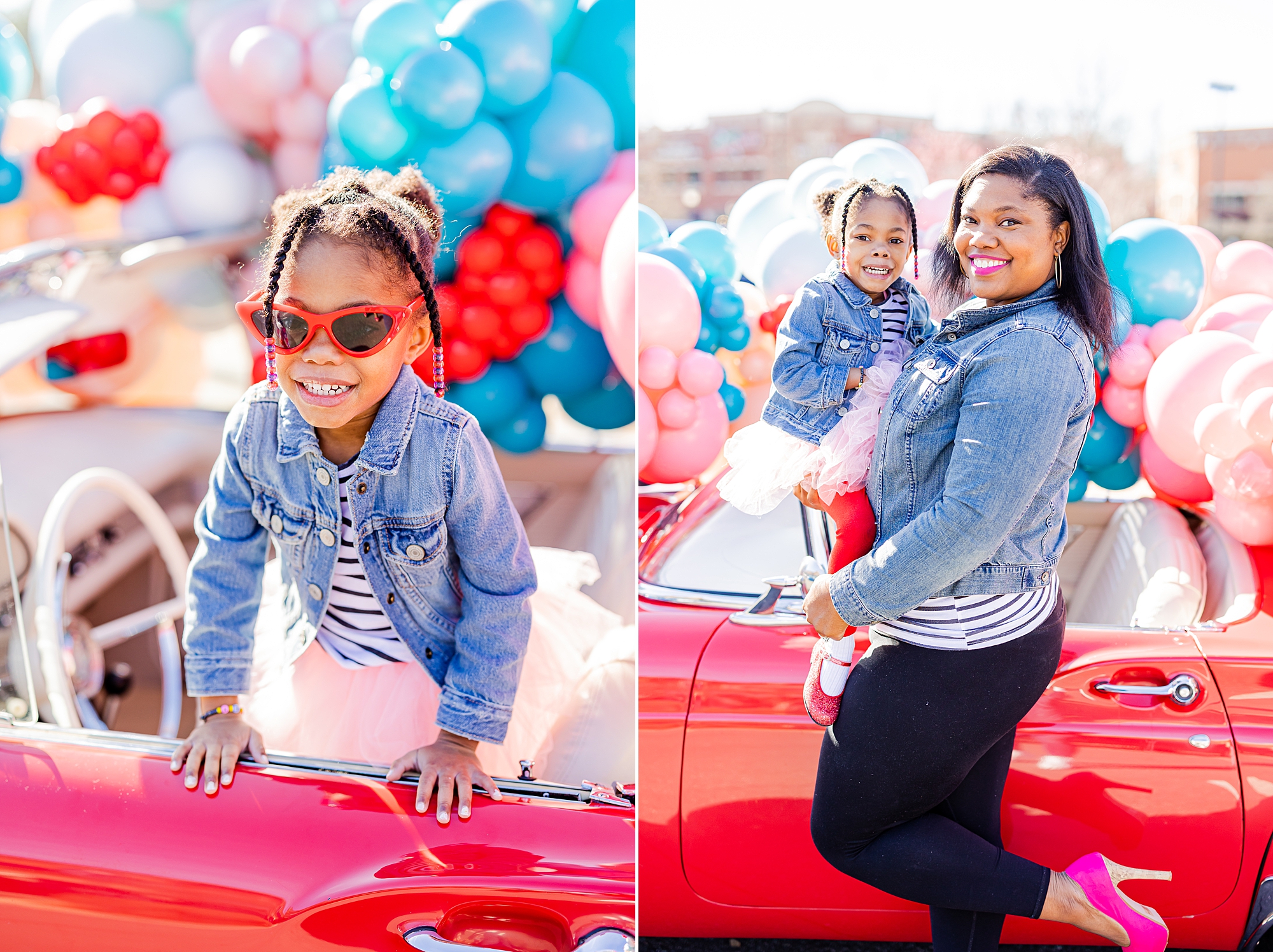 mom and daughter pose in matching jean jackets during Valentine’s Day Thunderbird Photos