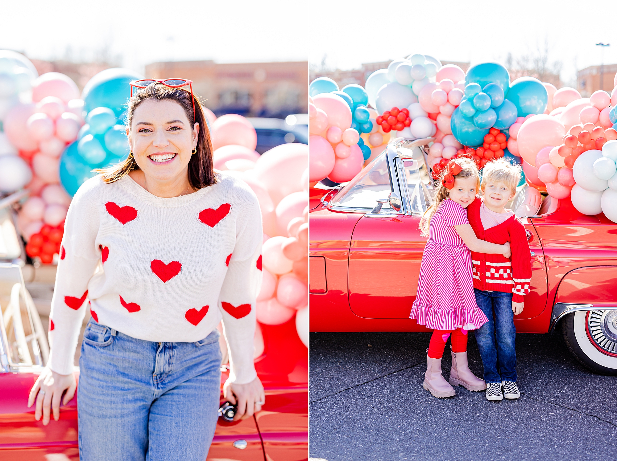 kids pose beside red thunderbird during valentines day photos 